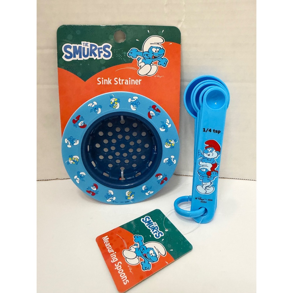 The Smurfs Blue Kitchen Sink Strainer and Measuring Spoons Set 5pc New with Tags